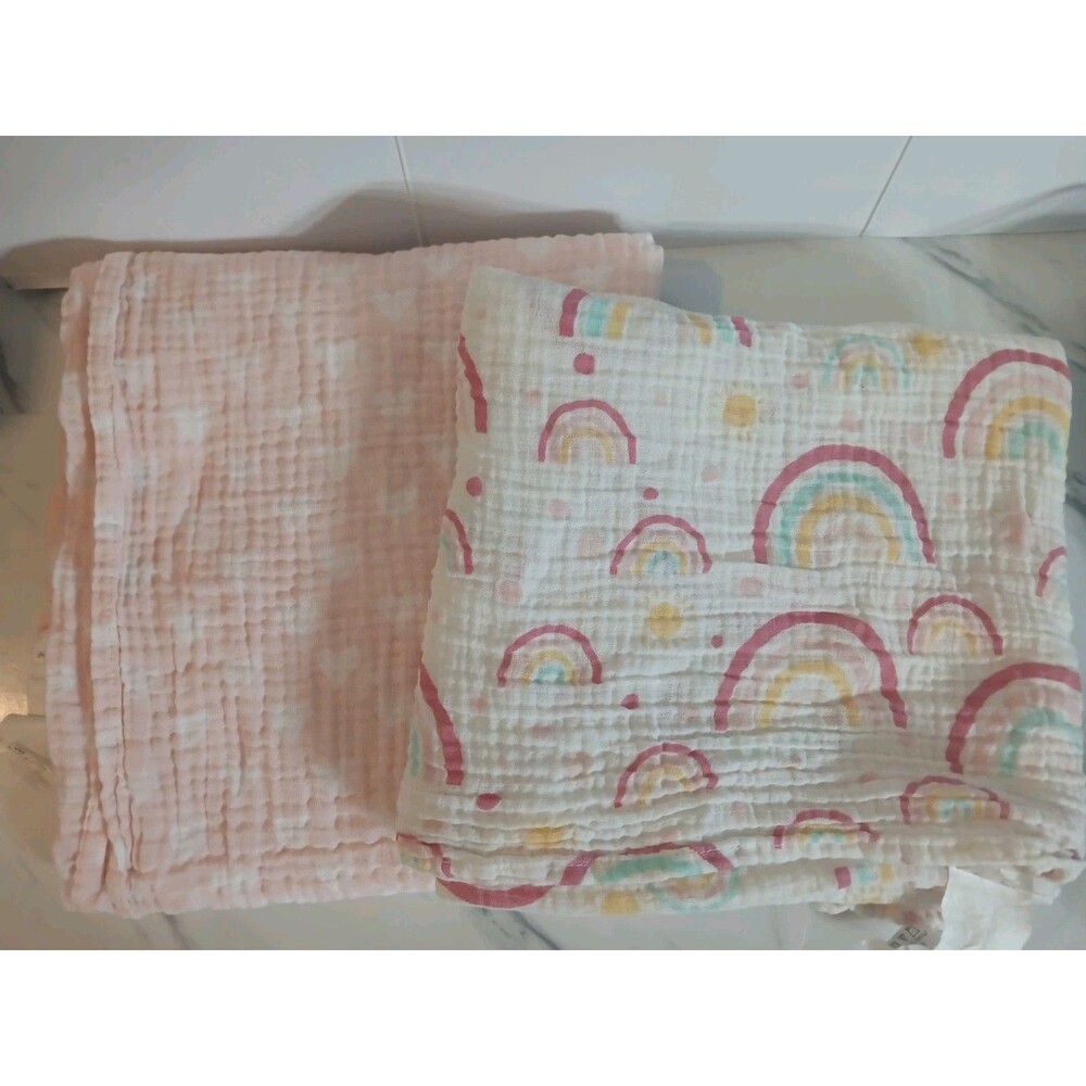 Parent's Choice Baby Swaddle Blanket Set Of 2  Rainbow Heart Muslin Cotton 38x41